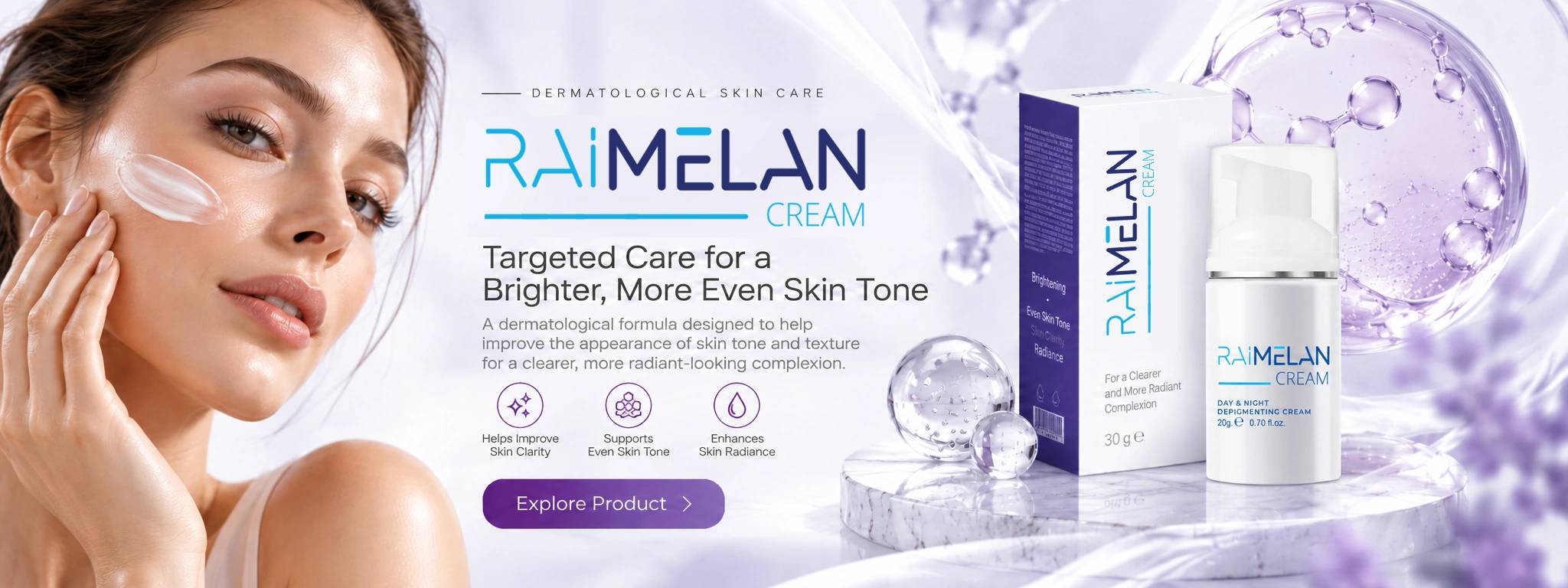 Raimelan Cream promotional campaign with product packaging and a human lifestyle visual